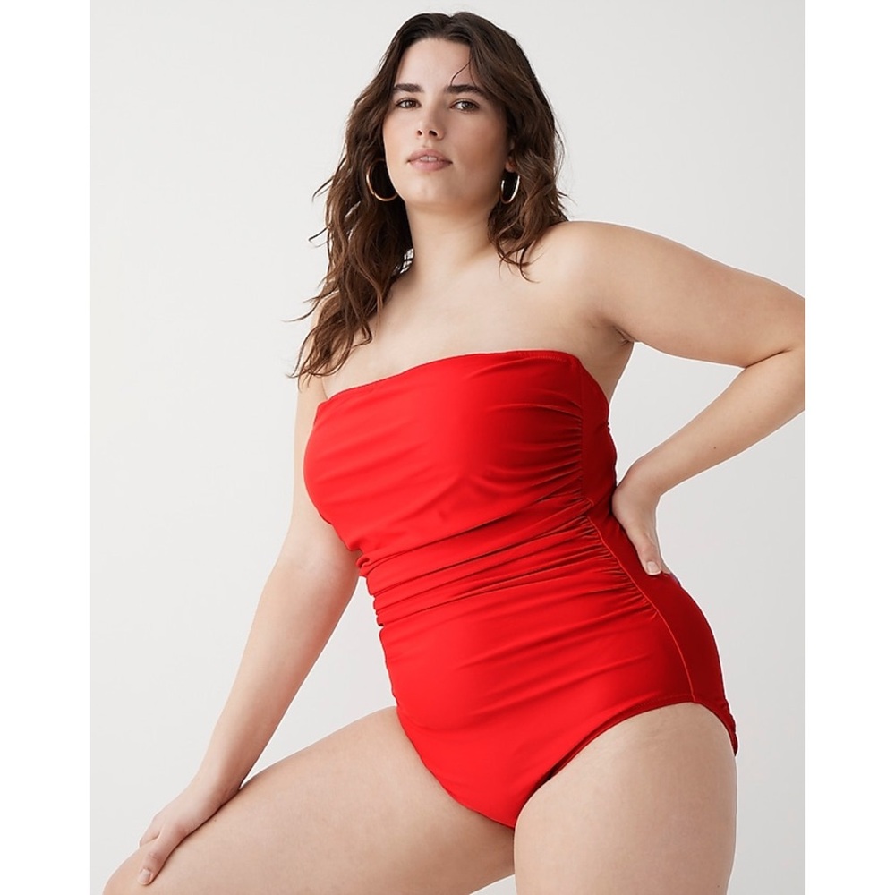 J. Crew Red Retro Ruched Classic Slimming Bandeau One Piece Plus Size Swimsuit